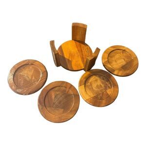 Lipper International Grain Wood Round Coasters and Caddy, 5-Piece set